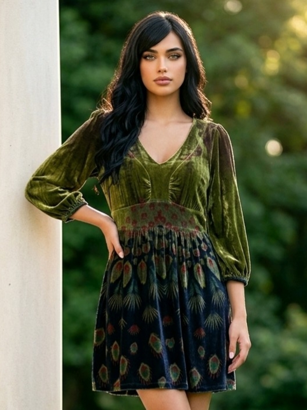 One World Velvet Tunic/Dress Purple/Green 3/4 Sleeve Paisley Pattern XL EUC